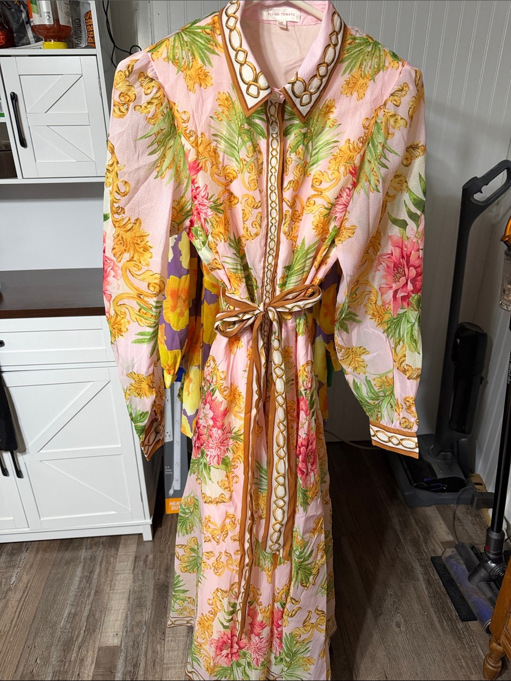 Flying Tomato Pink Floral Maxi Shirt Dress with Gold Trim